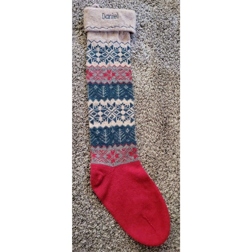 Land's End Knit Wool Red Christmas Stocking Snowflakes Scotland Coming Home VTG